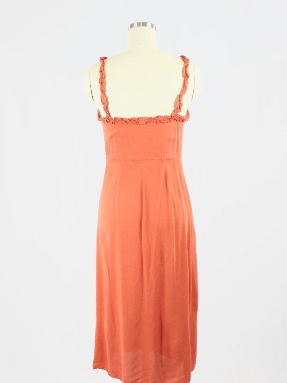 Aritzia WILFRED Heartthrob Sinopia Orange Crepe Ruffle Trim Midi Dress, Size 2 - Picture 3 of 15